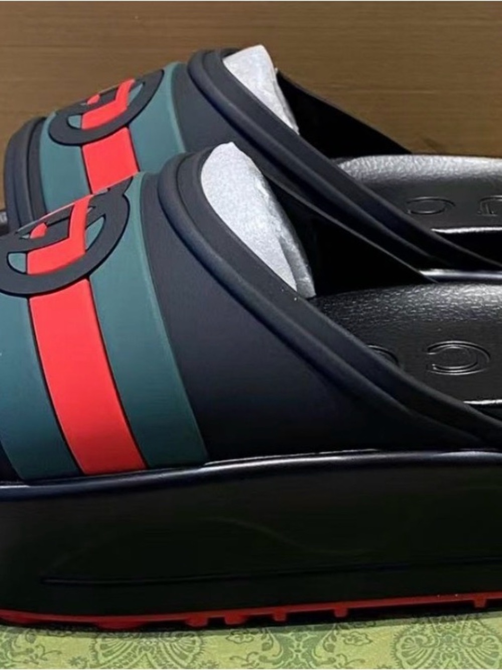 Men's Black Slide Sandals with Green and Red Stripe Accent